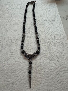 Black Beaded Necklace with Silver Eagle Pendant